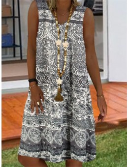 Vintage Bohemia Print V-neck Sleeveless Casual Loose Midi Dress
