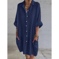 Women 100% Cotton Side Pockets Shirt Solid Buttons Lapel Midi Dresses