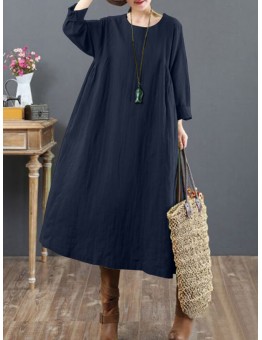 Women Cotton Solid Tie Back Round Neck Long Sleeve Casual Midi Dresses