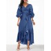 Women Denim Irregular Ruffle Hem Puff Sleeve Belted V-Neck Midi Dress