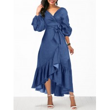 Women Denim Irregular Ruffle Hem Puff Sleeve Belted V-Neck Midi Dress