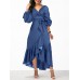 Women Denim Irregular Ruffle Hem Puff Sleeve Belted V-Neck Midi Dress