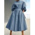 Women Puff Sleeve Pleated Solid Color Stand Collar Back Zipper Calf Length Midi Dresses