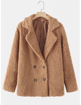 Women Simple Solid Winter Thermal Casaul Plush Lapel Button Commute Coat