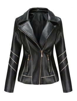 Women Solid Color Faux PU Leather Motorcycle Jacket With Pocket