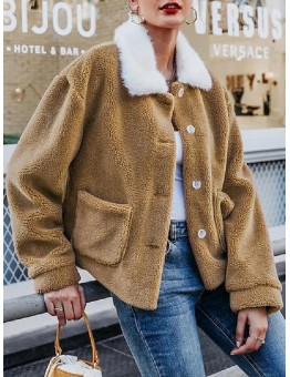 Women Solid Color Plush Borg Collar Warm Coat With Pocket