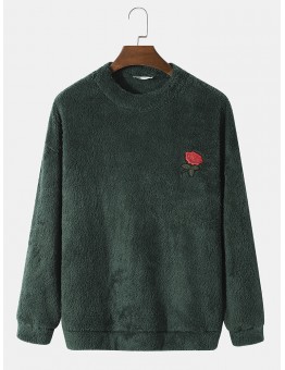 Men Fleece Embroidery Flower pure Solid Pullover Crew Neck Pullover Sweatshirt