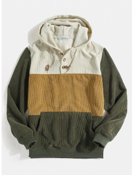 Mens Corduroy Color Block Half Button Kangaroo Pocket Casual Drawstring Hoodies