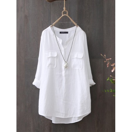100% Cotton O-Neck High Low Front Pockets Casual Loose Shirt For Women